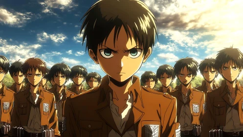 Resolute anime cadets stand united under a dramatic sky