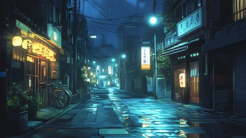 Rain-soaked Tokyo alley glows with lantern-lit storefronts.