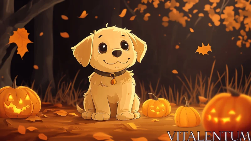 Golden puppy glows among carved pumpkins on autumn night.