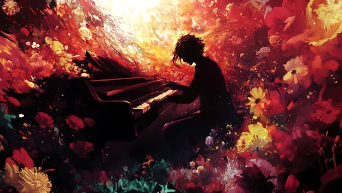 Silhouetted pianist in incandescent floral explosion of color