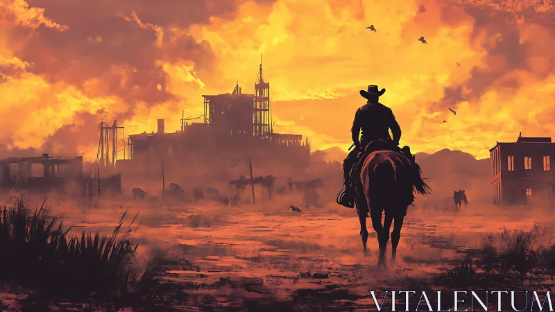 Lone rider stitches twilight embers across a ruined frontier