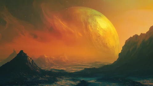 Giant golden planet looms above a misty alien horizon.