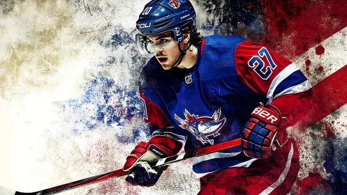 Dynamic ice hockey forward charges across abstract rink.