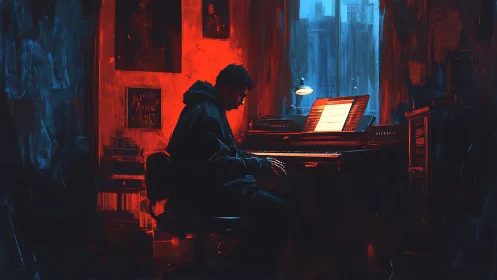Solitary composer at digital piano under dual red-blue lighting