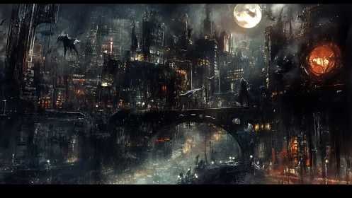 Nocturnal gothic megacity under rainlit industrial glow.