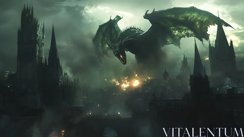 Green dragon over burning gothic city under smoke-filled sky.