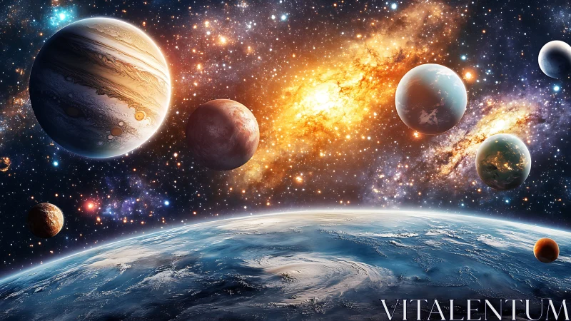Multi-planet cosmic scene above cloud-covered world.