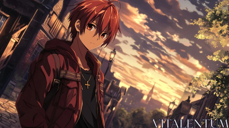 Red haired anime boy walks alone through a sunset street