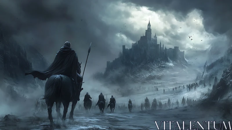 Dark cavalry approaches storm-lashed fortress in frozen valley.