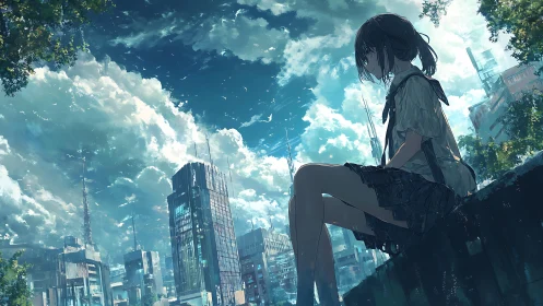 Solitary student silhouette overlooks dense urban skyline at dusk