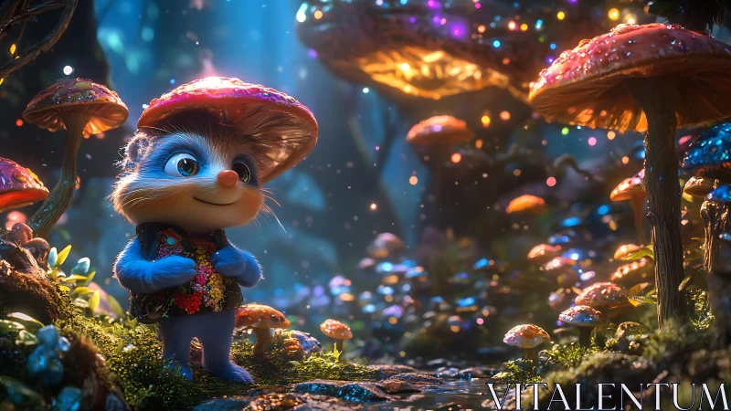 Blue forest creature explores glowing mushroom grove