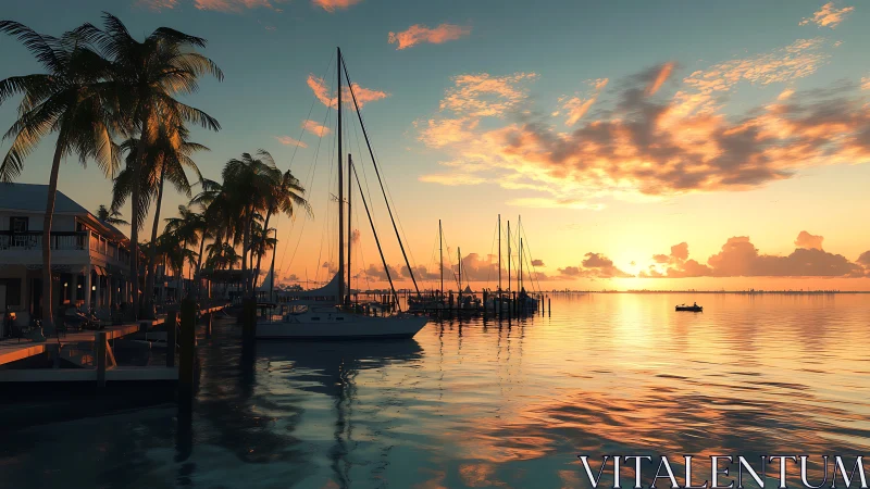 Marina waterfront with sailboats at calm coastal sunset.