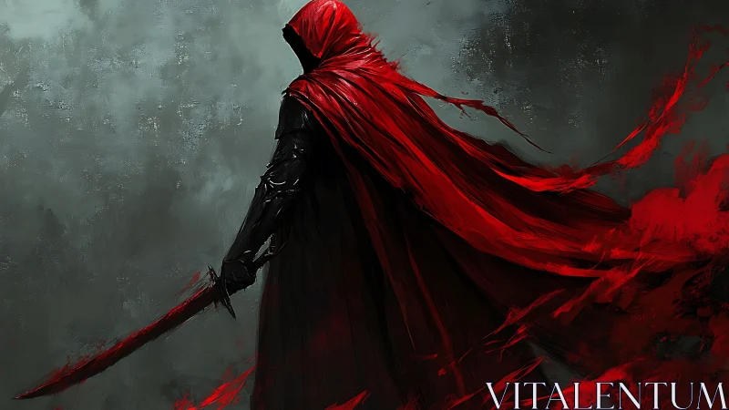 Crimson-hooded swordsman storms through swirling shadow fog.