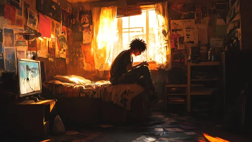 Solitary teenager in messy bedroom lit by warm sunset.