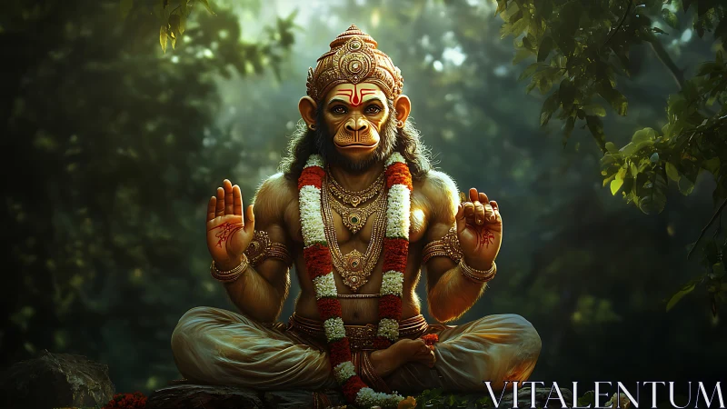 Divine monkey deity meditates in forest light haloed calm.