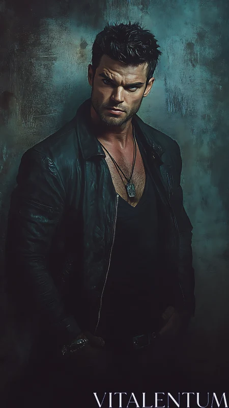 Brooding leather clad man against moody textured backdrop.