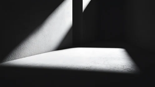 Oblique volumetric daylight slicing a minimal concrete room.