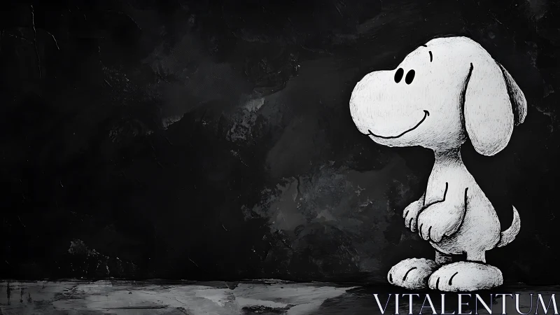 Chalky cartoon pup daydreams against inky midnight void.