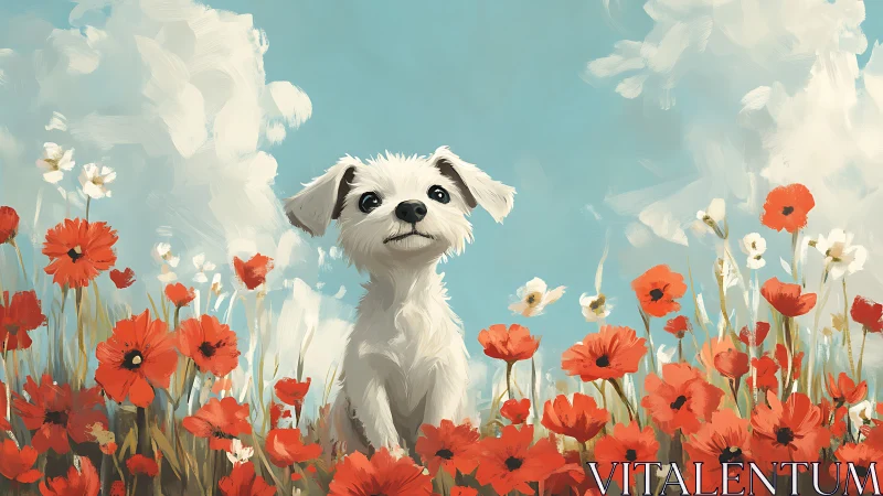 Digital painting of white puppy amid vivid poppy meadow clouds.