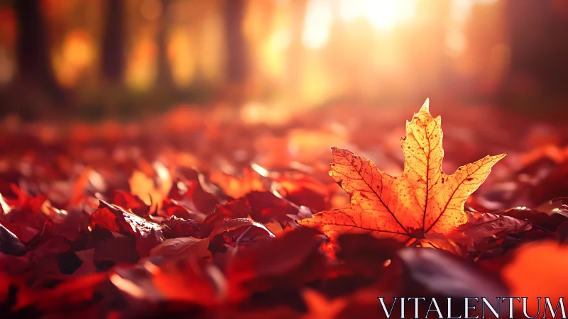 Backlit maple leaf in shallow depth of field autumn forest study