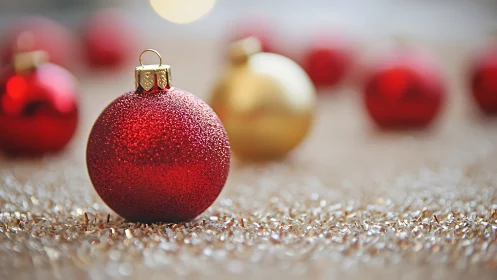 Red Christmas bauble closeup with blurred festive background.