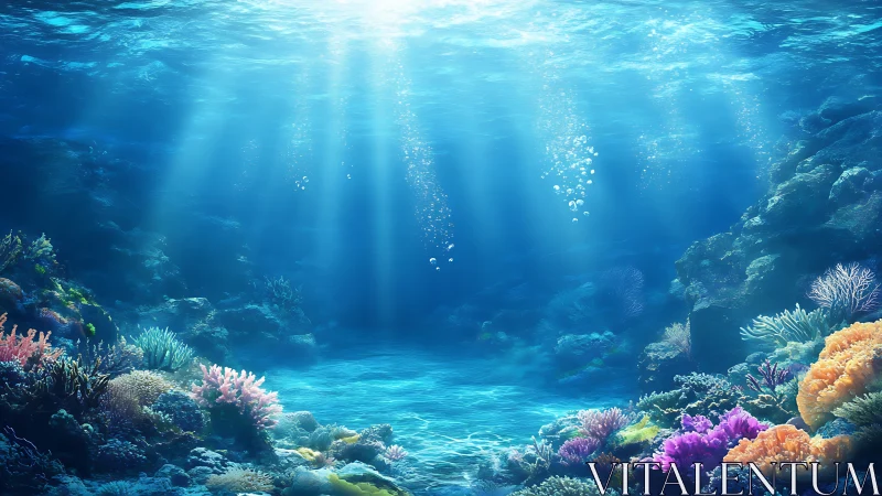 Subsurface coral reef basin under volumetric caustic sunlight.