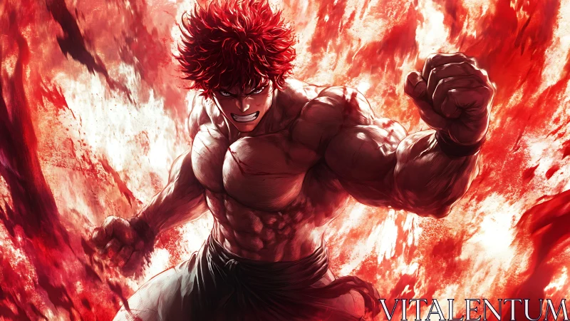 Flaming anime warrior unleashes explosive fiery power surge.