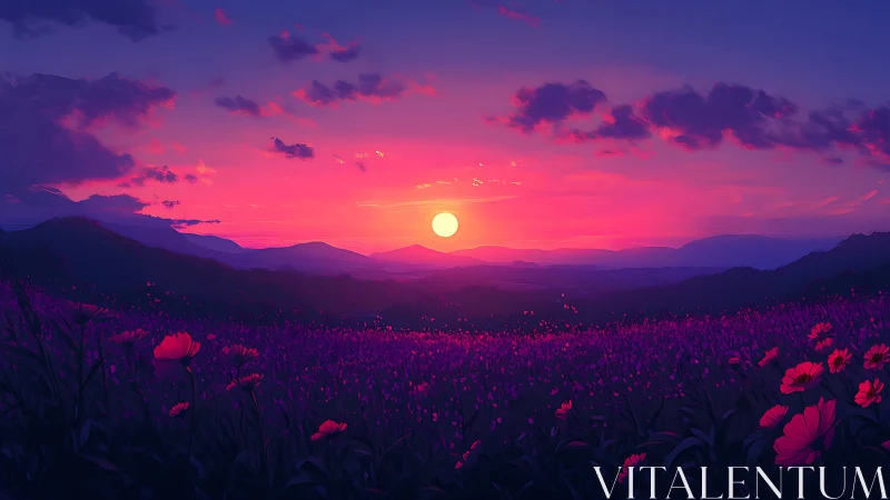 Radiant violet sunset over wildflower mountain valley.