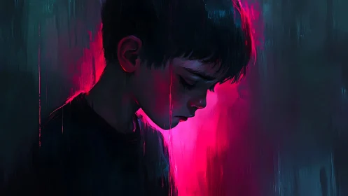 Boy in profile against neon pink and blue background.