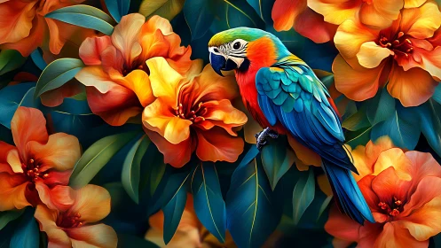 Vibrant Parrot Among Lush Orange Flowers in Digital Art Style.