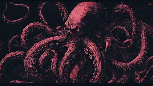 Crimson abyssal kraken coils through ink-black void. Period.