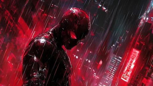 Cyberpunk vigilante under neon storm in oblique composition.