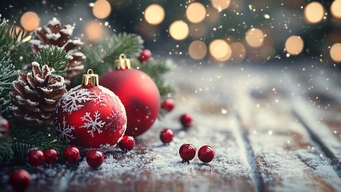 Red Christmas ornaments with pine cones on snowy table.