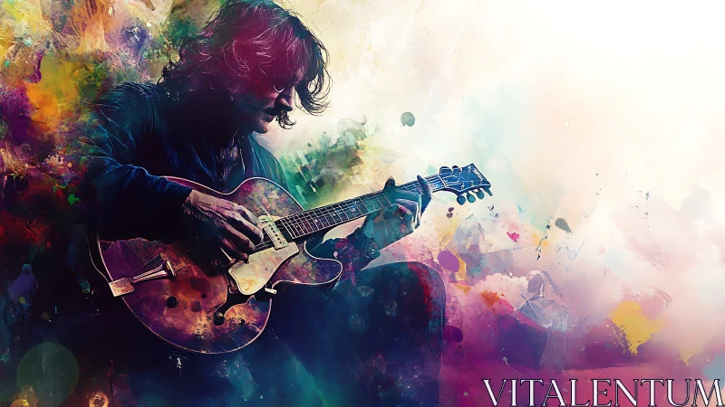 Electric guitarist immersed in abstract chromatic paint clouds