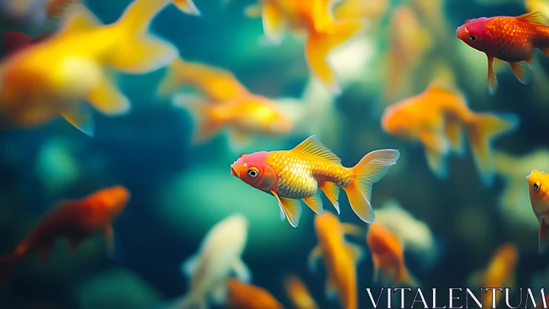 Goldfish school in blue aquarium water with soft focus.