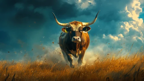 Dynamic digital painting of charging bull in storm light.