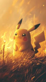 Golden evening glow surrounds a smiling Pikachu in tall grass