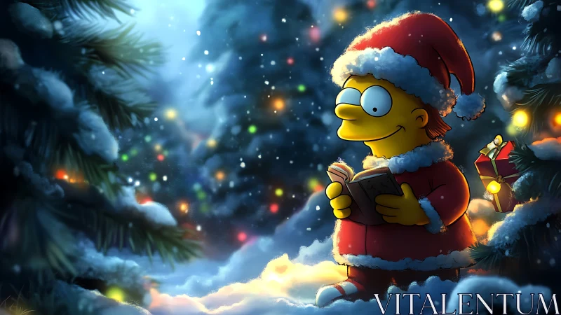 Cartoon child reading in luminous snowy conifer forest.