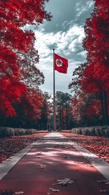 Scarlet avenue to the lone flag under frosted sky.