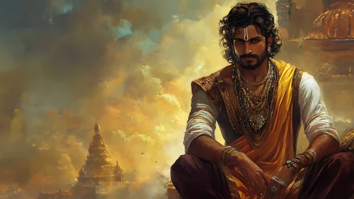 Regal warrior seated before distant temple skyline.