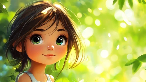 Bright eyed girl exploring a sunlit, magical green garden.