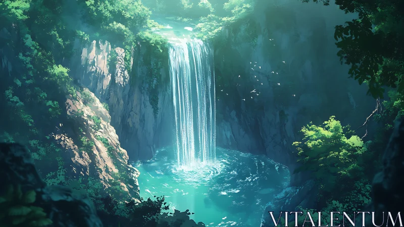 Sunlit emerald waterfall cascades into secluded forest pool.