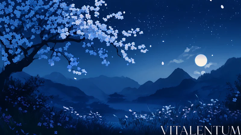 Moonlit blossoms trade secrets with distant blue mountains