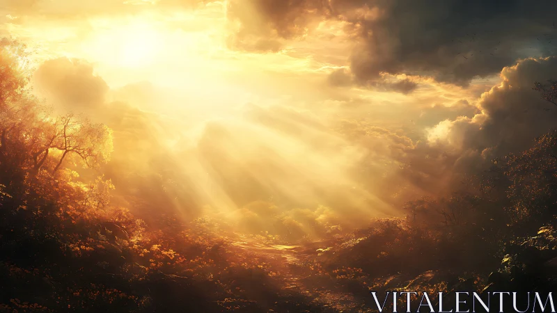 Sunburst path where storm-torn clouds surrender to dawn.