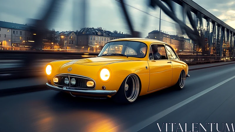 Retro yellow coupe on urban bridge in dynamic motion blur.
