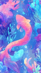Bioluminescent koi fish glide through stylized coral reef environment
