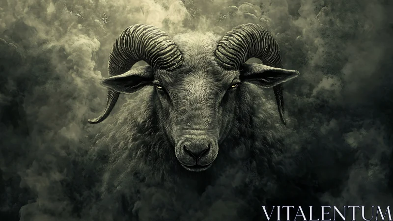 Stormborn ram emerging from midnight clouds of myth.