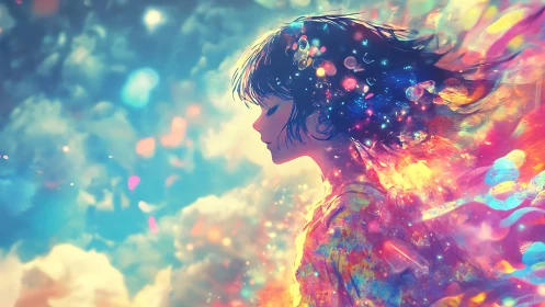 Side profile of girl in luminous abstract color field.