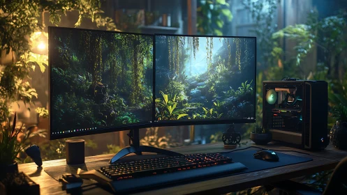 Dual curved monitors and gaming PC in lush indoor studio