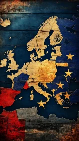 Distressed European map overlay with EU emblem on wooden substrate.
